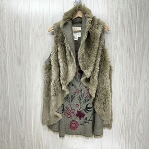 Dylan Los Angeles Faux Fur Vest Women XS Floral Open Waterfall Front Boho Hippie